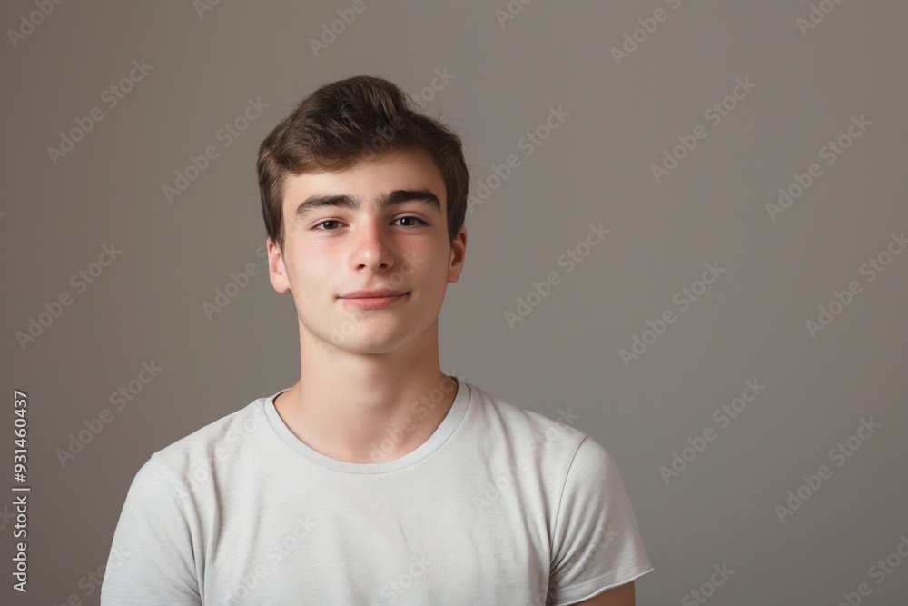 Happy young man in a casual t-shirt, exuding confidence and cheerfulness in a studio portrait. Happy young man in a casual t-shirt, exuding confidence and cheerfulness in a studio portrait.