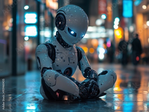 Futuristic Robot Sitting on Wet Pavement in a Vibrant Cityscape at Night