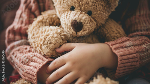 Detailed view of a girlâs hands wrapped around a teddy bear, showing the warm embrace and the bearâs plush texture photo