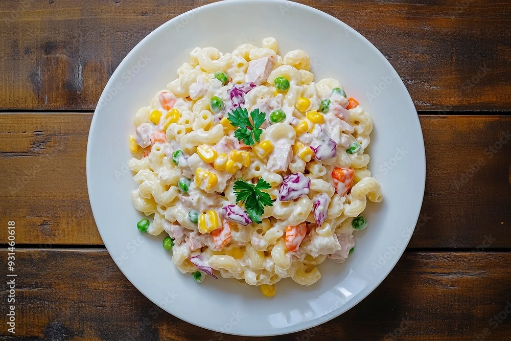 Homemade macaroni salad with elbow pasta and canned tuna, carrot, Purple cabbage, tomato, corn, green peas and mayonnaise dressing in a white plate on wooden table.Top view. Generative Ai Homemade macaroni salad with elbow pasta and canned tuna, carrot, Purple cabbage, tomato, corn, green peas and mayonnaise dressing in a white plate on wooden table.Top view. Generative Ai