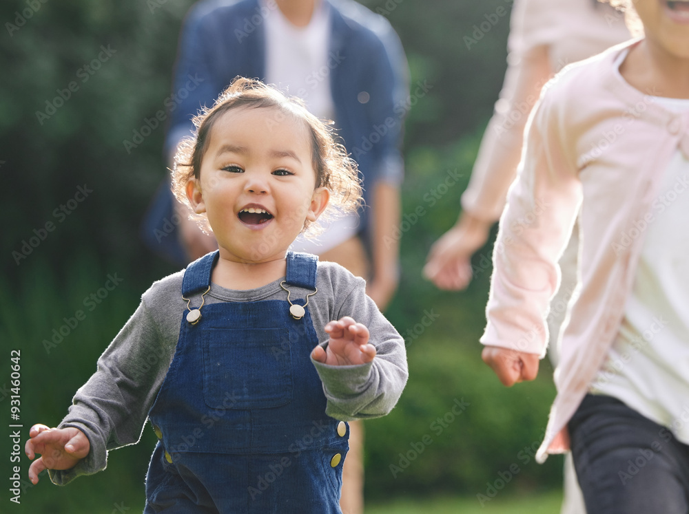 Child, girl and running portrait outdoor with family for fun activity, energy and playing game in backyard of home. Toddler, kid and excited in garden for adventure, development or wellness in nature Child, girl and running portrait outdoor with family for fun activity, energy and playing game in backyard of home. Toddler, kid and excited in garden for adventure, development or wellness in nature
