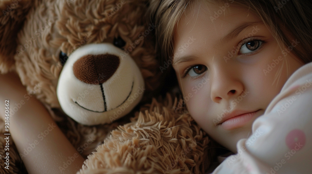Close-up of a girl's cheek resting on a teddy bearâs head, both looking serene and content Close-up of a girl's cheek resting on a teddy bearâs head, both looking serene and content