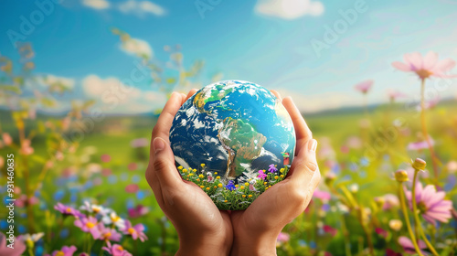 A girl holds the planet Earth in her hands in a field of flowers on a sunny day. International Day of Peace