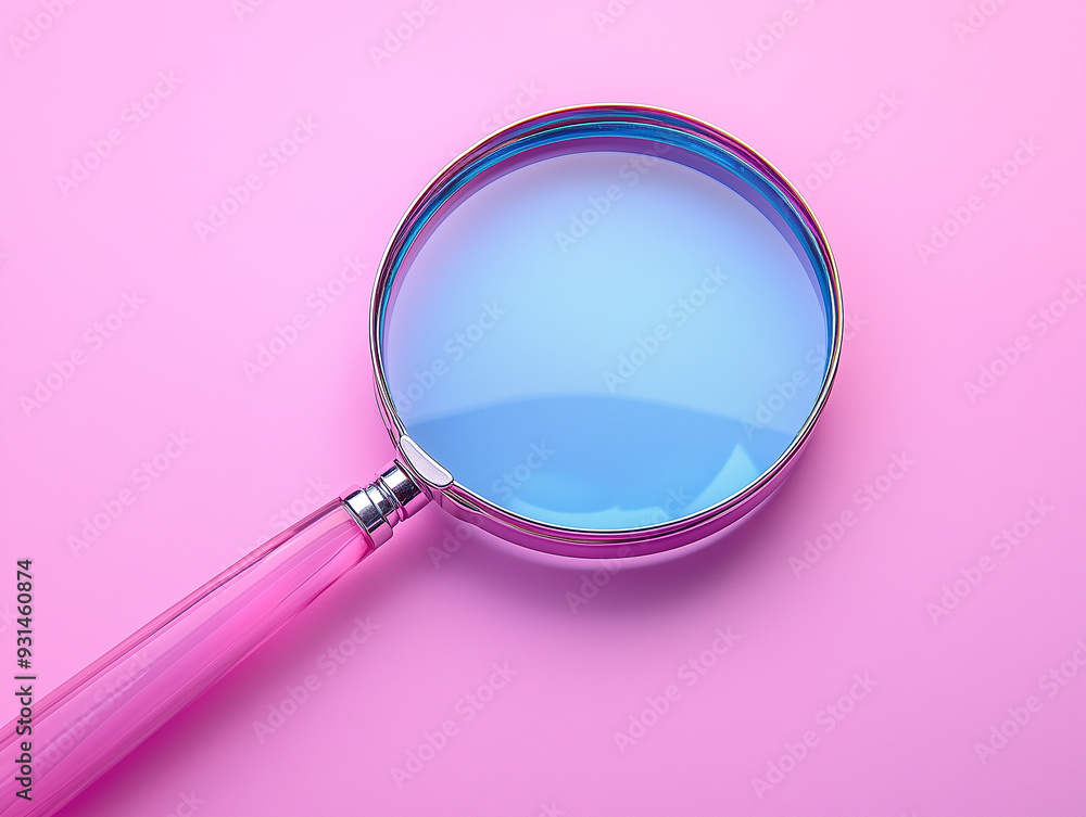 A pink-handled magnifying glass rests on a pastel pink background, highlighting its glass lens A pink-handled magnifying glass rests on a pastel pink background, highlighting its glass lens