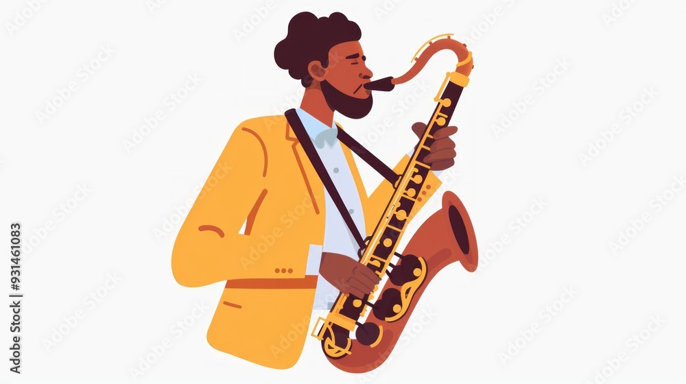 Fototapeta premium A lively image shows a black man in a yellow suit playing a saxophone with a cigarette in his mouth. The warm colors suggest joy and artistic expression.