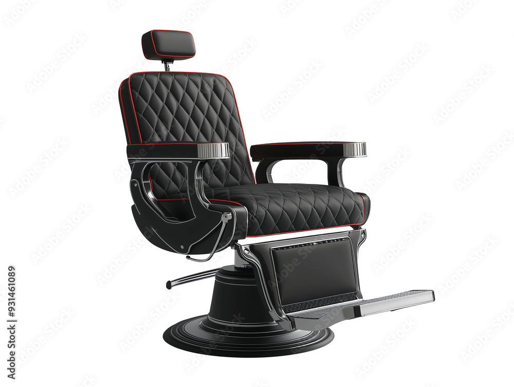 Obraz premium Elegant black barber chair with quilted upholstery and adjustable features isolated on transparent background