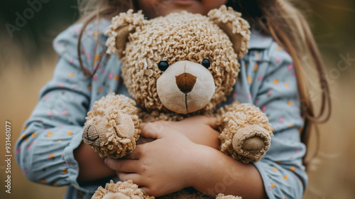 Detailed view of a girlâs small arms tightly holding a teddy bear, with the bearâs button eyes and stitched smile in focus photo