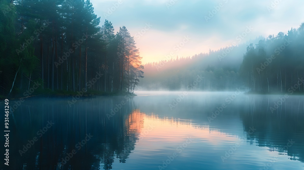Misty dawn on the taiga lake Bolon nature reserve Khabarovsk region far East Russia : Generative AI Misty dawn on the taiga lake Bolon nature reserve Khabarovsk region far East Russia : Generative AI