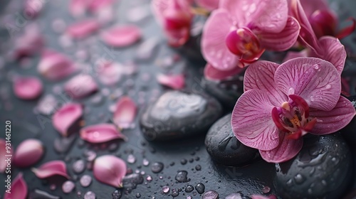 Composition with spa stones orchid pink flower on grey background Spa concept : Generative AI