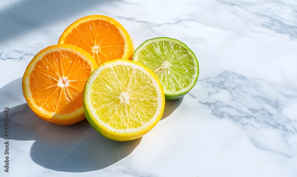 Photo of citrus fruit, orange and lime slices on a white marble background with shadows, Photo of citrus fruit, orange and lime slices on a white marble background with shadows,