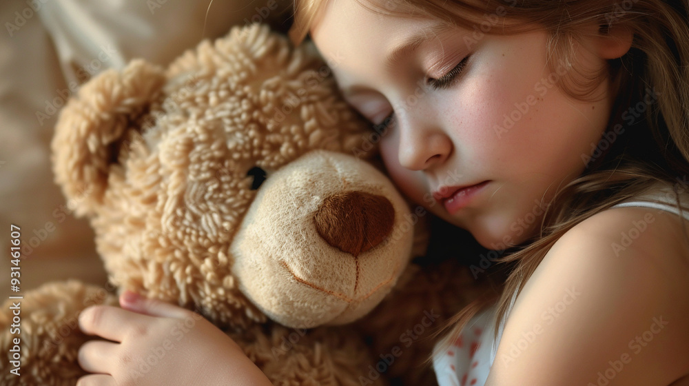Detailed view of a girl pressing her face against a teddy bearâs soft belly, eyes closed in comfort Detailed view of a girl pressing her face against a teddy bearâs soft belly, eyes closed in comfort