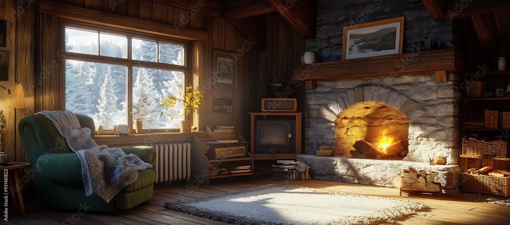 Cozy Cabin Interior with Fireplace and Snowy View Cozy Cabin Interior with Fireplace and Snowy View