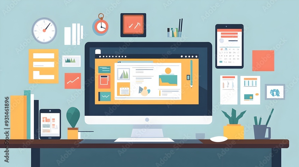 A clean and organized desktop workspace filled with various digital productivity tools like task managers calendars and communication apps A clean and organized desktop workspace filled with various digital productivity tools like task managers calendars and communication apps