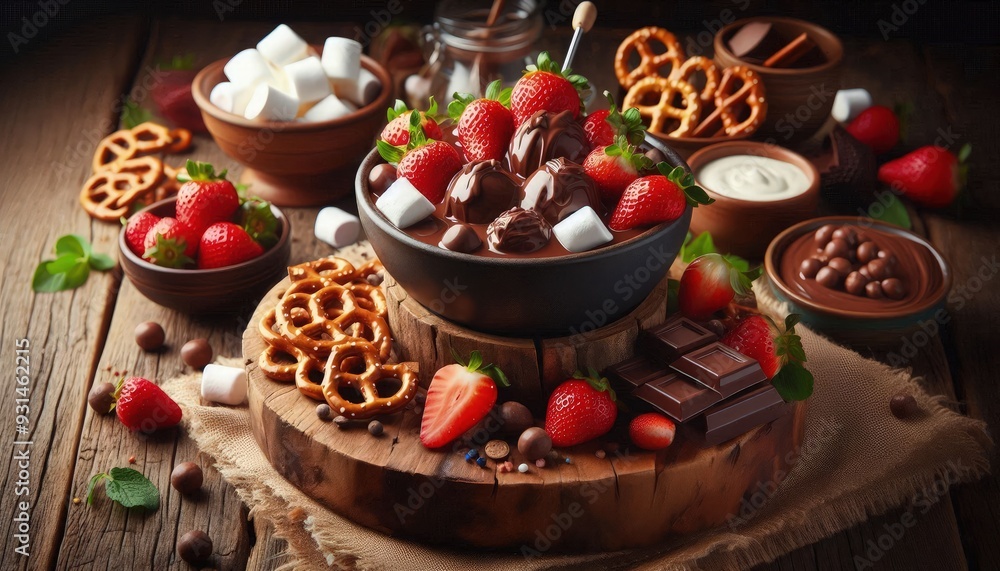 Decadent chocolate fondue with strawberries, marshmallows, and pretzels for dipping set on a rustic wooden table, stock food photography Decadent chocolate fondue with strawberries, marshmallows, and pretzels for dipping set on a rustic wooden table, stock food photography