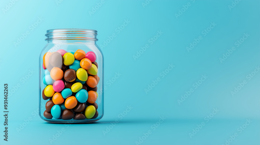 A glass jar filled with colorful chocolate candies on a blue background A glass jar filled with colorful chocolate candies on a blue background