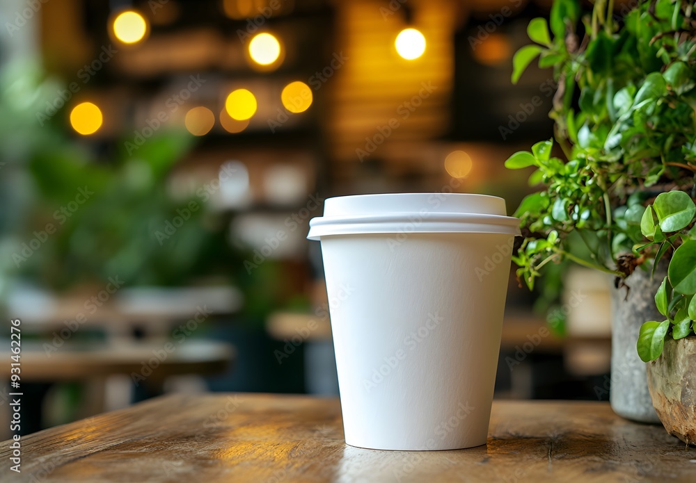A blank white paper coffee cup with no design on it, sitting in an urban cafe setting with plants and wooden tables. A blank white paper coffee cup with no design on it, sitting in an urban cafe setting with plants and wooden tables.
