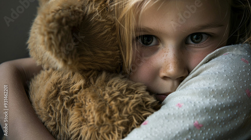 Close-up of a girlâs arm wrapped protectively around a teddy bearâs back, the bearâs face peeking out photo