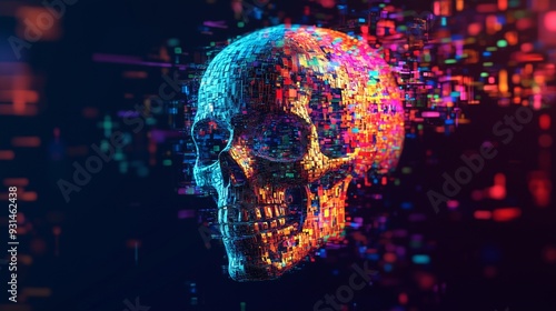 Digital skull composed of vibrant pixel blocks disintegrates against a dark background, technology, algorithms, cyber Intelligence