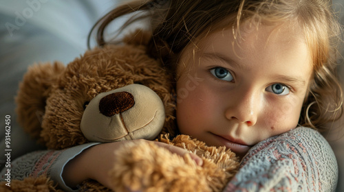 Detailed view of a girl cuddling a teddy bear close, the bearâs fluffy head nestled under her chin photo