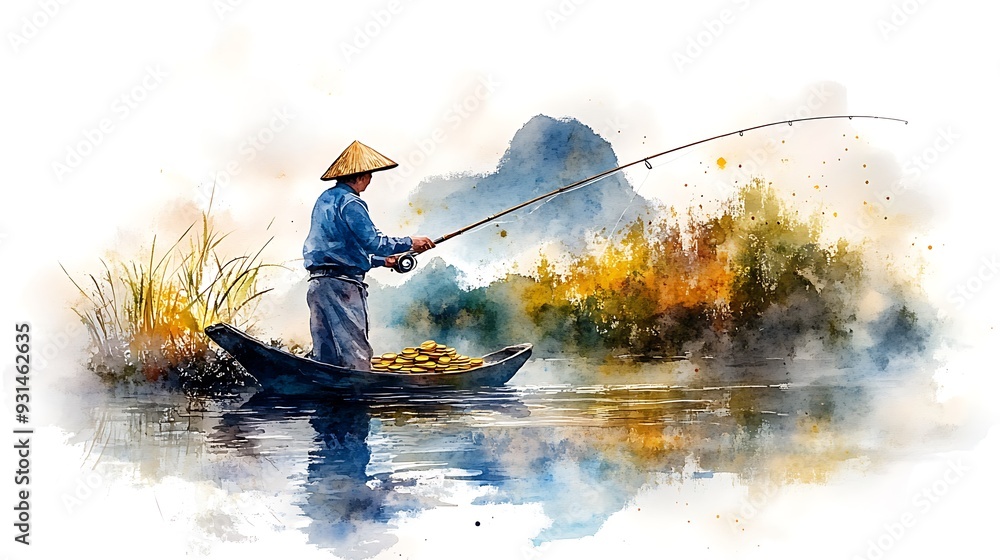 Watercolor painting of a fisherman in a boat, casting a fishing line. Watercolor painting of a fisherman in a boat, casting a fishing line.