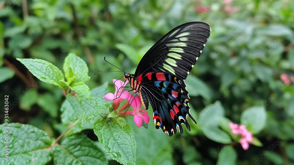 Fototapeta premium Butterfly with colorful wings feeding on a pink blossom surrounded by green foliage