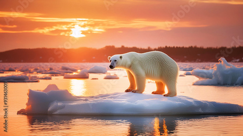 Polar Bear In A Sunset Loosing Natural Habitat To Climate Changes Global Warming Ice Melting Endangered Extinction Species Natural Disaster Copy Space