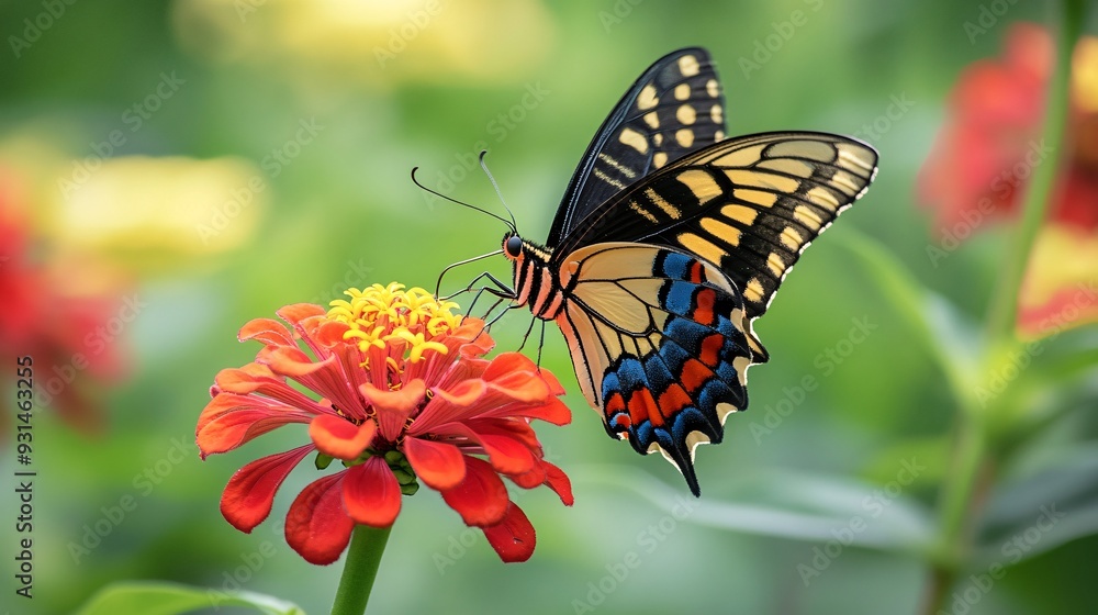 A butterfly with orange and black wings feeding on a bright red zinnia in a garden A butterfly with orange and black wings feeding on a bright red zinnia in a garden