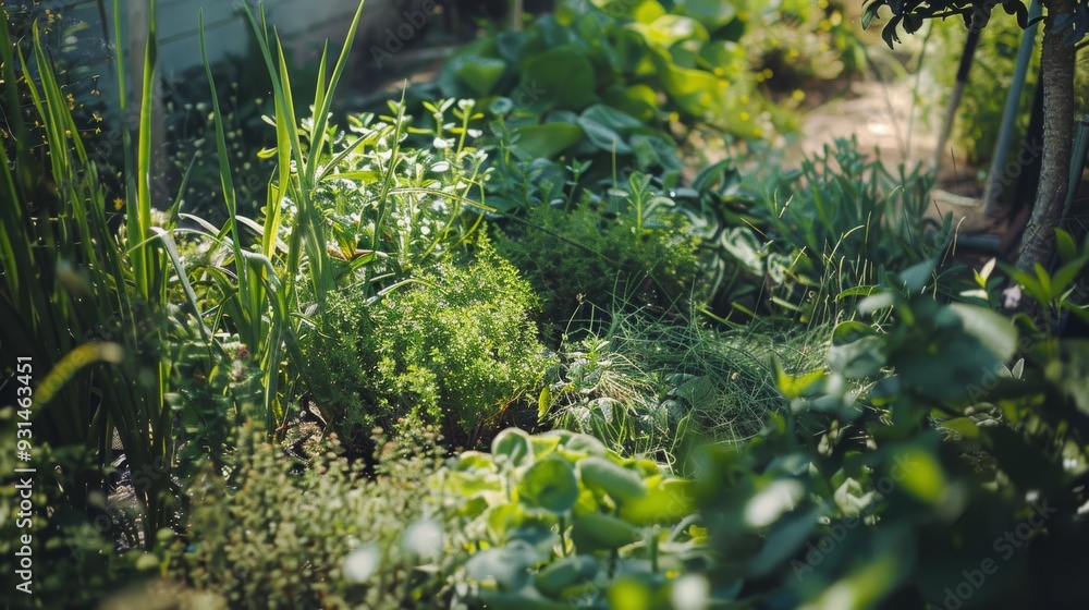 A lush garden brimming with green foliage, herbs, and plants, under the warm daylight. A lush garden brimming with green foliage, herbs, and plants, under the warm daylight.