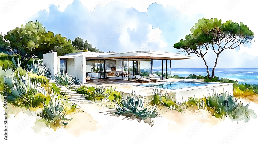 Fototapeta premium Modern Coastal Home with Pool and Ocean View - Watercolor Illustration.