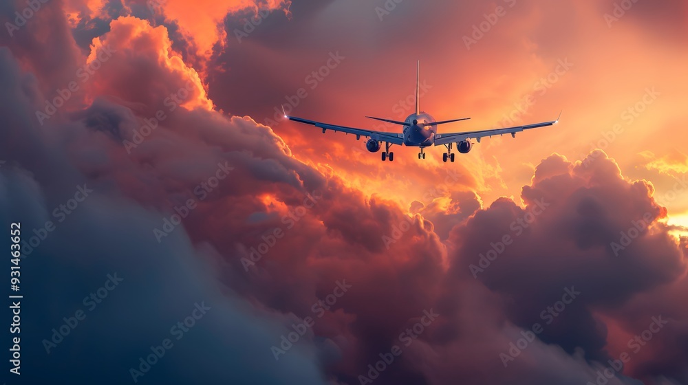Commercial airplane flying above dramatic clouds during sunset. Commercial airplane flying above dramatic clouds during sunset.