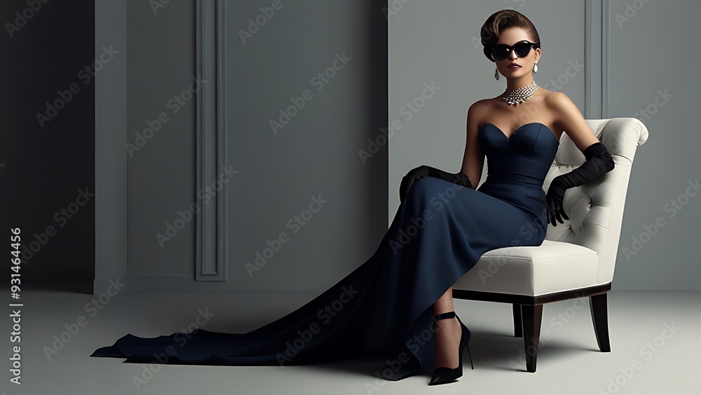 Fototapeta premium woman in a black dress, model posing in studio, portrait of a woman, a girl with black glasses, modern black clothes