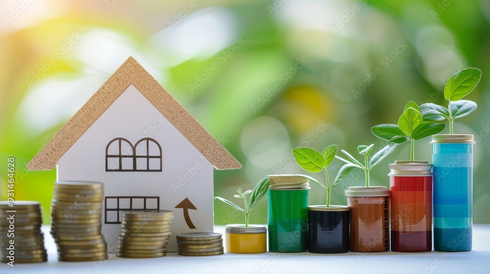 A conceptual representation of economic growth is depicted with a model house, stacks of coins, and colorful jars with seedlings against a lush green backdrop. A conceptual representation of economic growth is depicted with a model house, stacks of coins, and colorful jars with seedlings against a lush green backdrop.