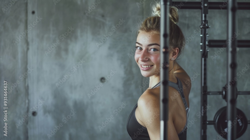 A woman at the gym, smiling and looking back over her shoulder, embodies strength, confidence, and a positive fitness attitude. A woman at the gym, smiling and looking back over her shoulder, embodies strength, confidence, and a positive fitness attitude.