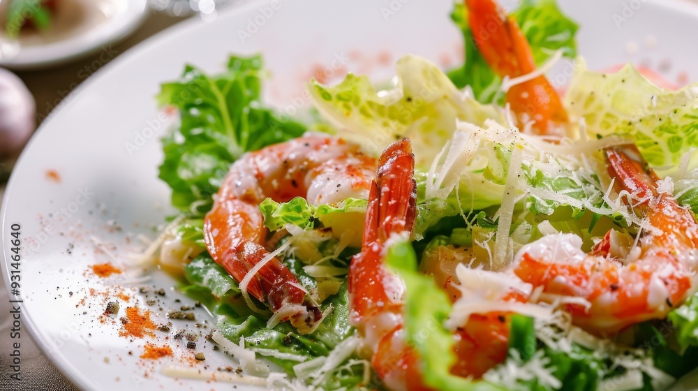 A close-up of a fresh and colorful shrimp salad with romaine lettuce, shaved cheese, and pepper sprinkled on top. A close-up of a fresh and colorful shrimp salad with romaine lettuce, shaved cheese, and pepper sprinkled on top.