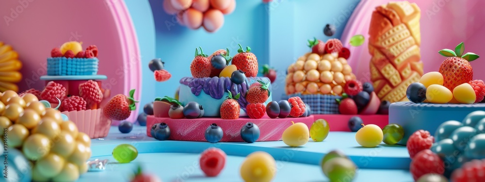 Fototapeta premium Playful fruit-themed dessert table with colorful sweets