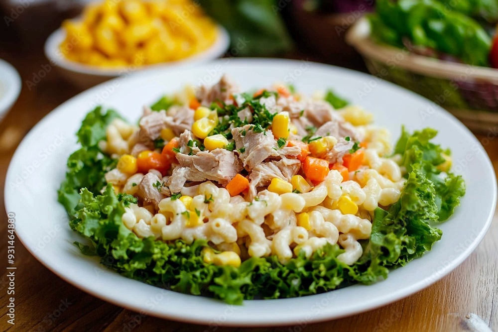 Homemade macaroni salad with trivelle pasta and canned tuna, carrot, Head Lettuce, tomato, corn and mayonnaise dressing in a white plate on wooden table. Generative Ai Homemade macaroni salad with trivelle pasta and canned tuna, carrot, Head Lettuce, tomato, corn and mayonnaise dressing in a white plate on wooden table. Generative Ai