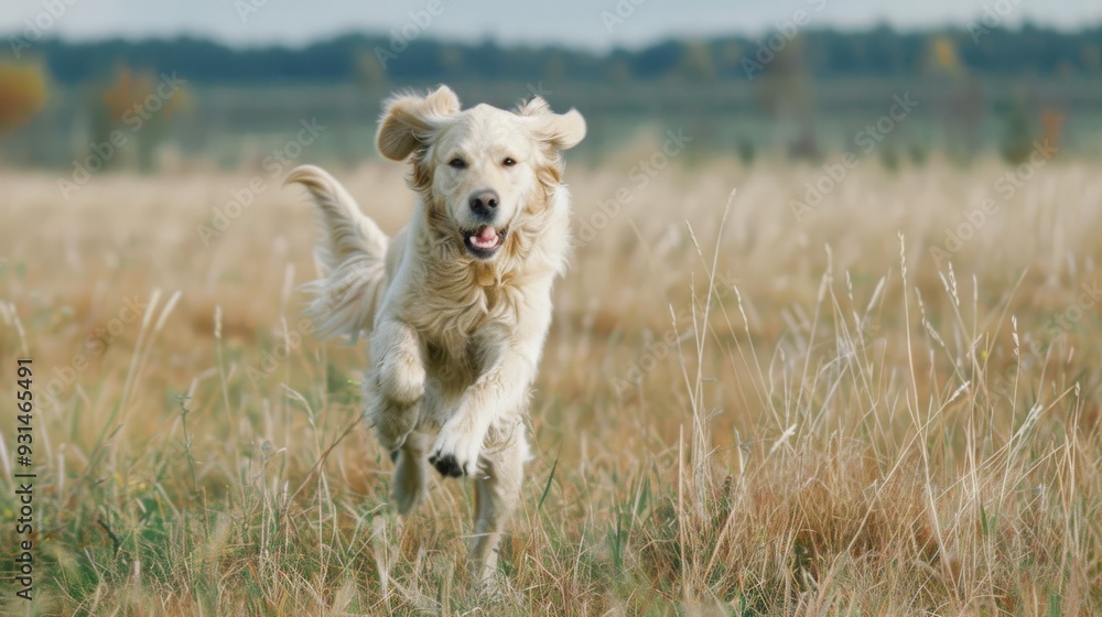 Obraz premium A golden retriever joyfully runs through a golden field, capturing a moment of pure happiness and freedom in nature.