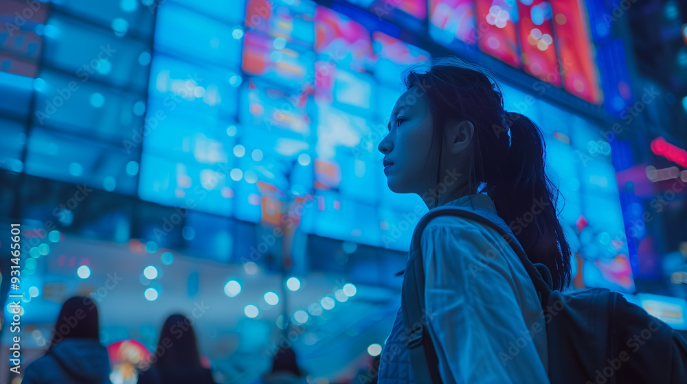 Portrait of an asian woman standing at the street. A concept of an advertising banner for traveling or navigation app Portrait of an asian woman standing at the street. A concept of an advertising banner for traveling or navigation app