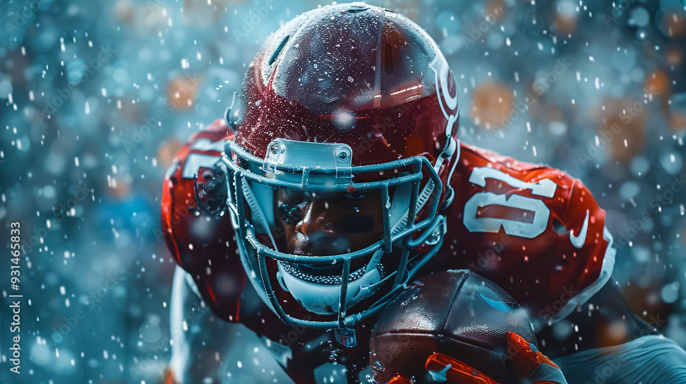 A close portrait of a football player in action. A concept of an advertising banner for sports or betting app