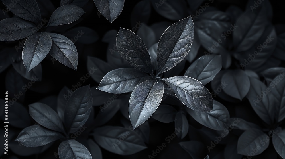 Fototapeta premium Low key Dark lighting Nature background green leaves in natural light and shadow symbolic of peaceful and safe the Earth or life or Zen with toned color and selective focusBlack and wh : Generative AI