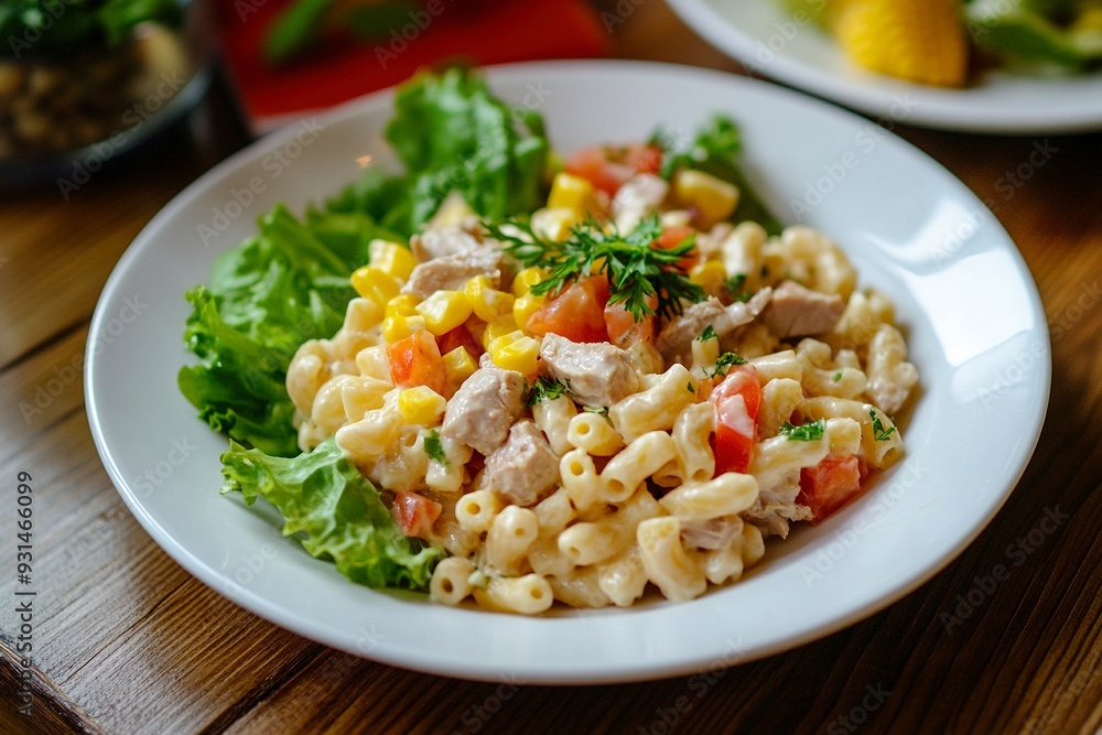 Homemade macaroni salad with trivelle pasta and canned tuna, carrot, Head Lettuce, tomato, corn and mayonnaise dressing in a white plate on wooden table. Generative Ai Homemade macaroni salad with trivelle pasta and canned tuna, carrot, Head Lettuce, tomato, corn and mayonnaise dressing in a white plate on wooden table. Generative Ai