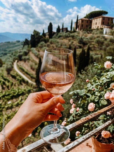 A moment of someone holding a glass of wine, possibly in a vineyard, with a picturesque landscape of a castle and picturesque hills in the background.