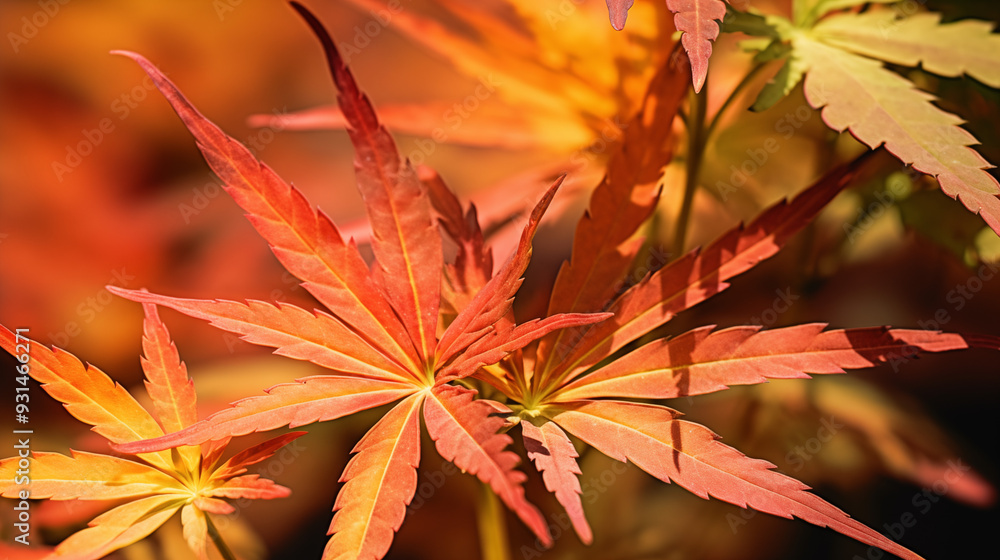 Bright Orange And Red Cannabis Leaf In Close-Up With Autumnal Colors And Detailed Veins Against Soft Background Bright Orange And Red Cannabis Leaf In Close-Up With Autumnal Colors And Detailed Veins Against Soft Background