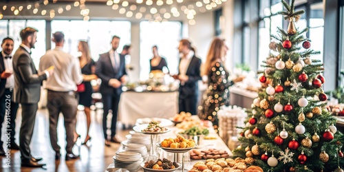 Festive Office Christmas Party with Delicious Food. A beautifully decorated office space with Christmas trees and festive lights, set up for a holiday party.