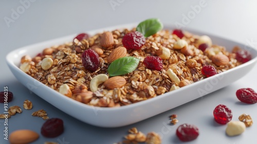 Delicious homemade granola with almonds, cranberries, and hints of mint, perfect for a nutritious breakfast or snack.