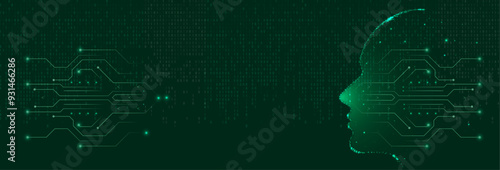 The AI banner concept circuit-style head is on the right, with digital data around it. The dark green background highlights the tech-driven and futuristic design.