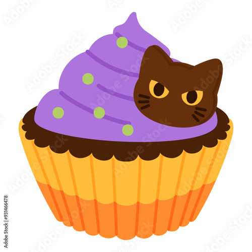 halloween cupcakes with purple cream and cat chocolate on top , in the orange and yellow cup illustration 