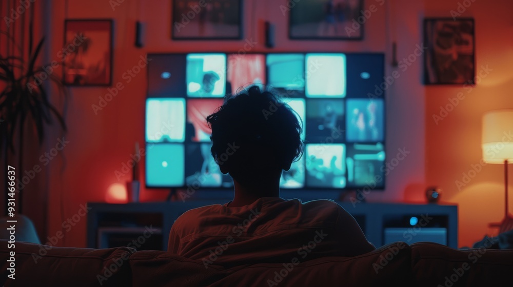 Fototapeta premium A person sits on a couch, their silhouette illuminated by the glow of multiple screens in a dimly lit room, crafting a mood of quiet focus or contemplation.