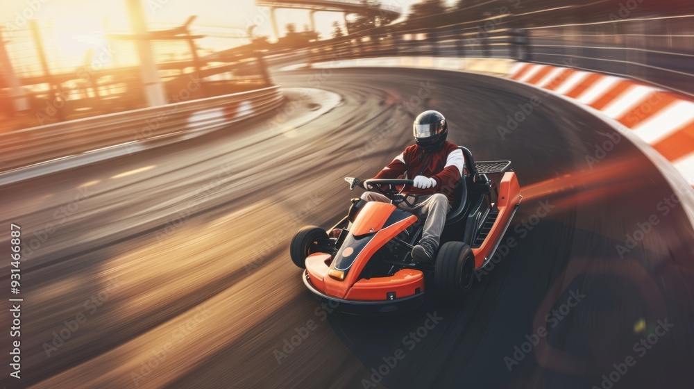 Obraz premium A person in a go-kart speeds through a racetrack curving sharply, embraced by sunlight, signifying adrenaline and speed.