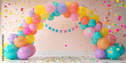 A festive birthday party featuring a decorative balloon arch in pink and blue, filled with happiness photo